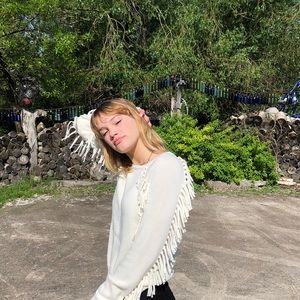 White fringe sweater